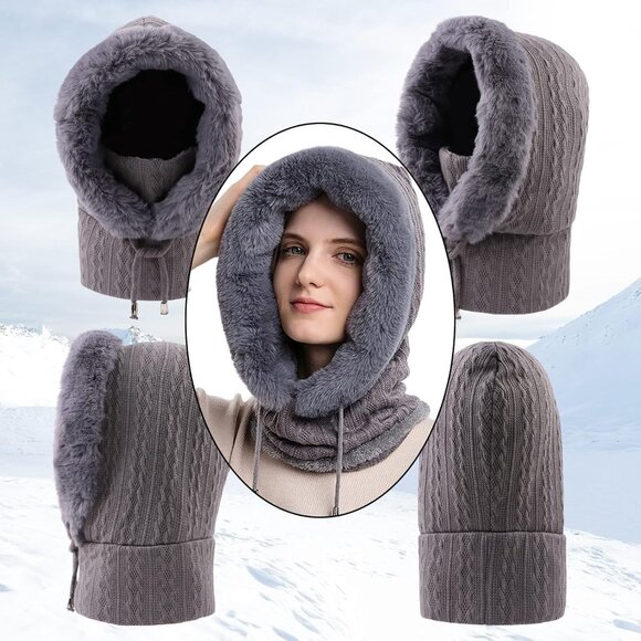 Women Grey Polyester Warm Thick Fluff Beanie Adult Neck Face Winter Balaclava - Picture 3 of 7